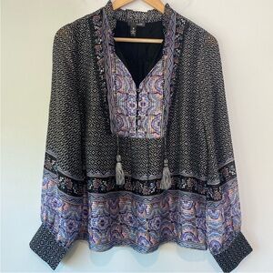 AQUA Multi Mixed Media Patterned Long Sleeves Tie Neck Button Top Medium